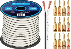 14 Gauge Awg Speaker Wire Cable With 12 Banana Plugs (100ft - White)  White