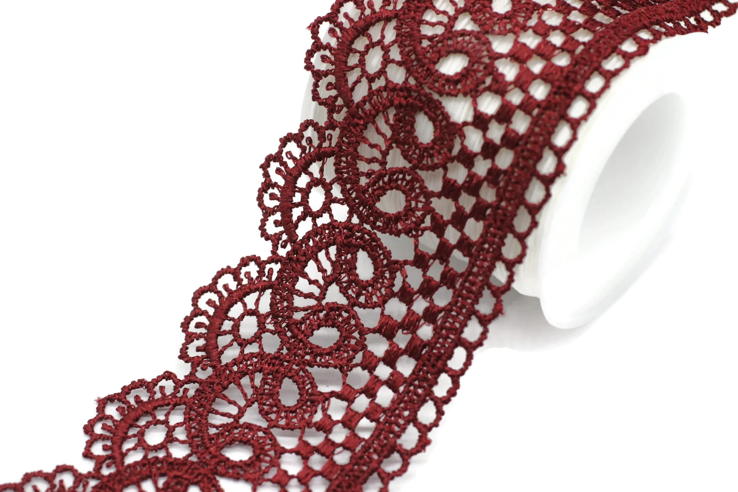 19.6 Yards Claret Red Bridal Guipure Lace Trim | 2.1 Inches Wide Lace Trim | Geometric Bridal Lace | French Guipure | Lace Fabric TRM53