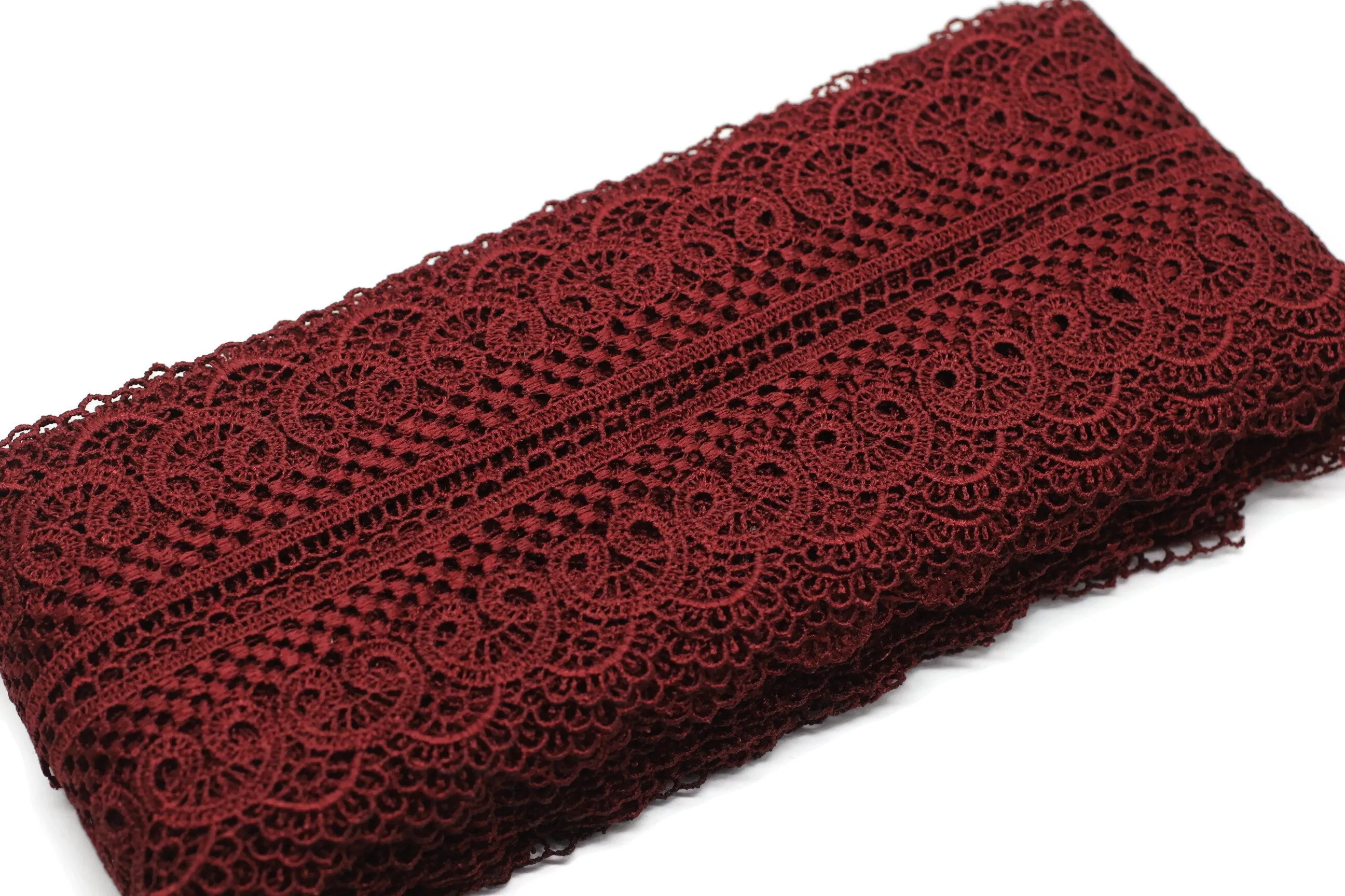 19.6 Yards Claret Red Bridal Guipure Lace Trim | 2.1 Inches Wide Lace Trim | Geometric Bridal Lace | French Guipure | Lace Fabric TRM53