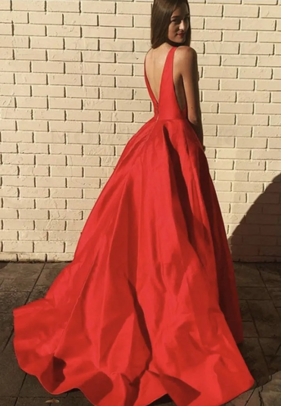 A Line V Neck Open Back Red Long Prom with Pocket, Backless Red Formal Graduation Evening