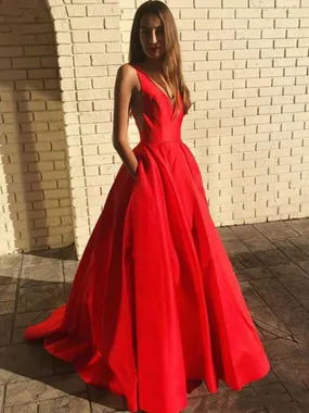 A Line V Neck Open Back Red Long Prom with Pocket, Backless Red Formal Graduation Evening