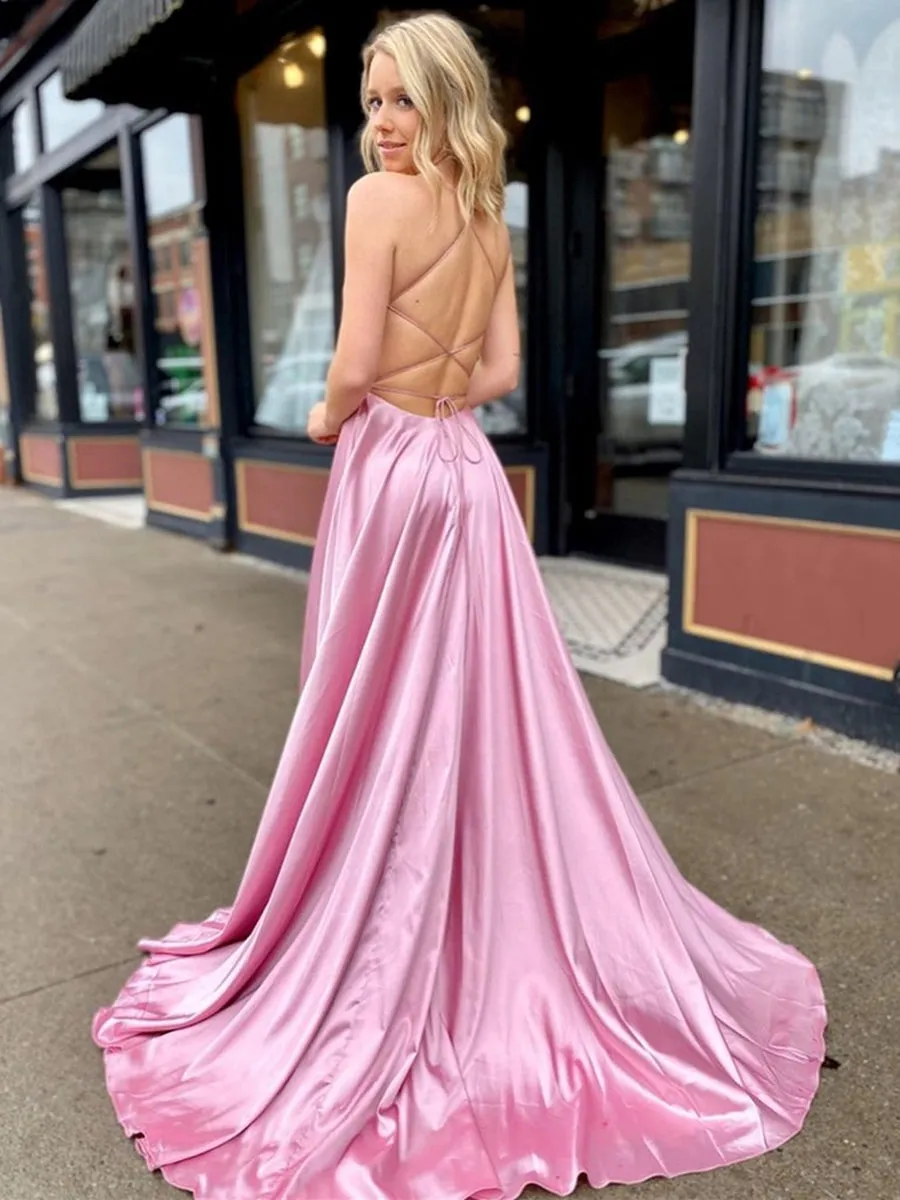 A Line V Neck Satin Backless Long Pink Prom with High Slit, V Neck Backless Pink Formal with Pocket, Backless Pink Evening