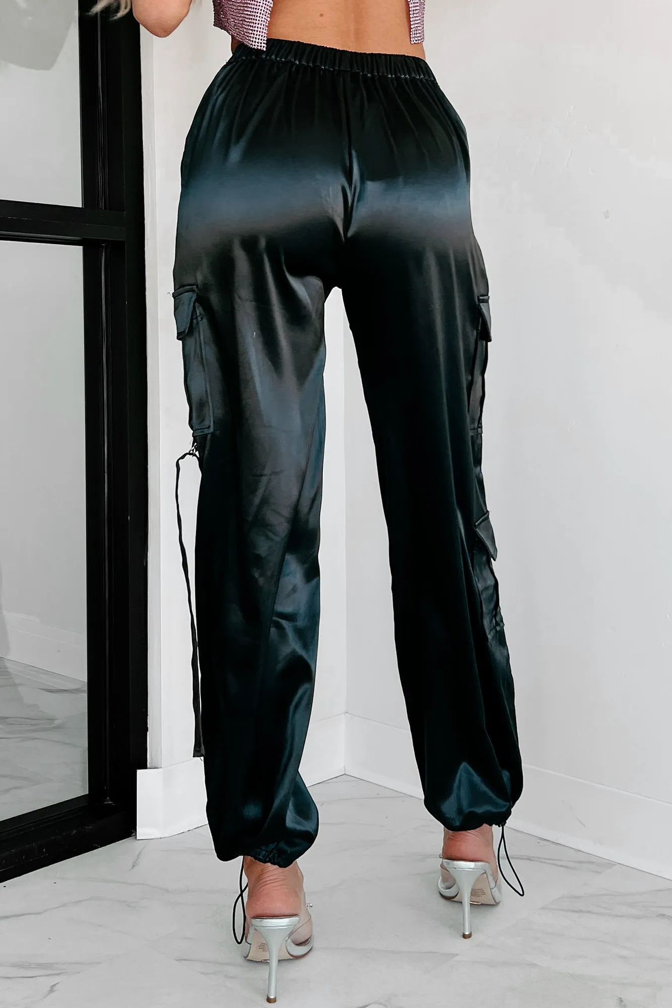 A Step Above Average Satin Cargo Pants (Black)