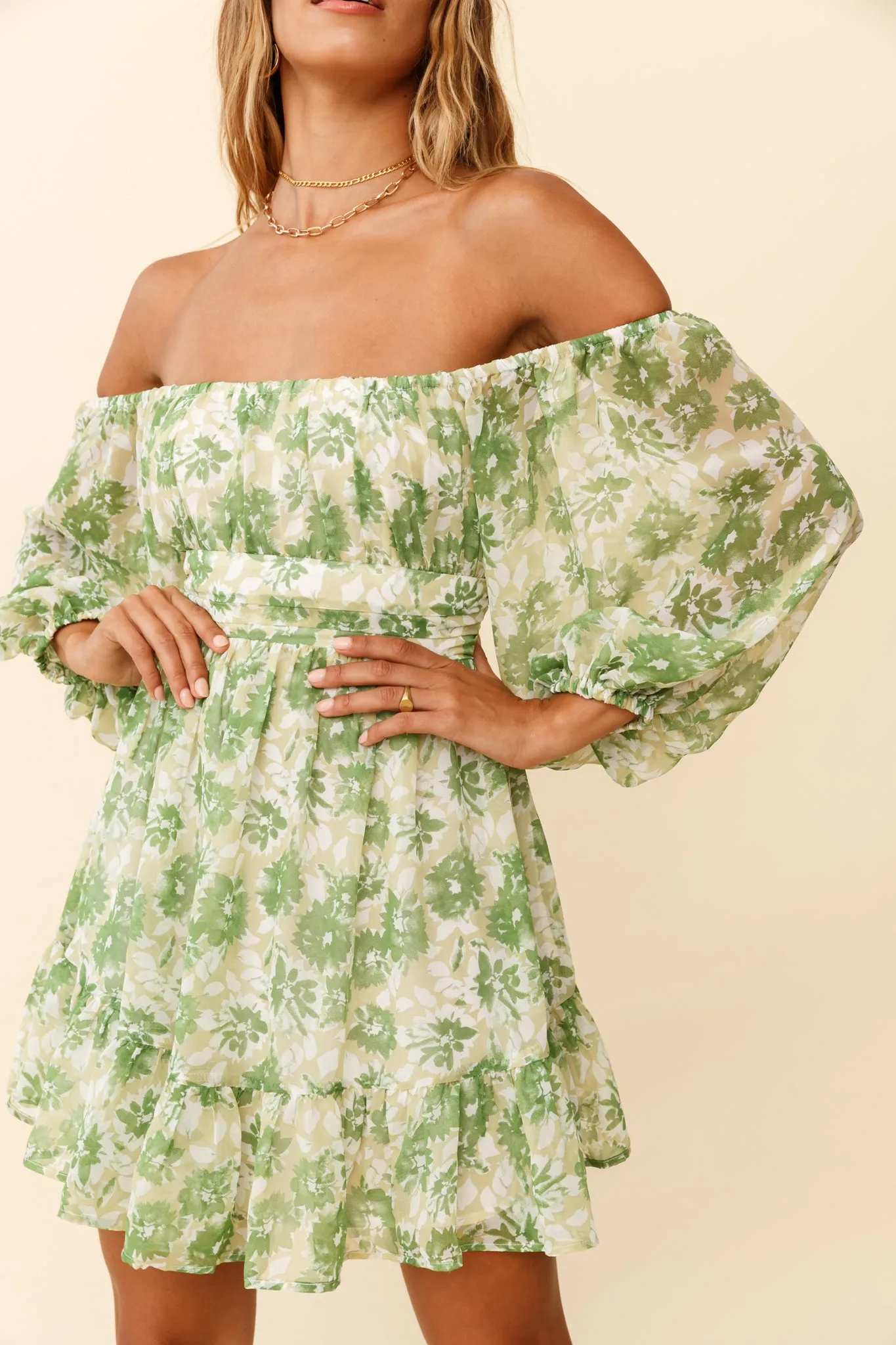 Abby Off-Shoulder Tie-Up Back Dress Floral Print Green