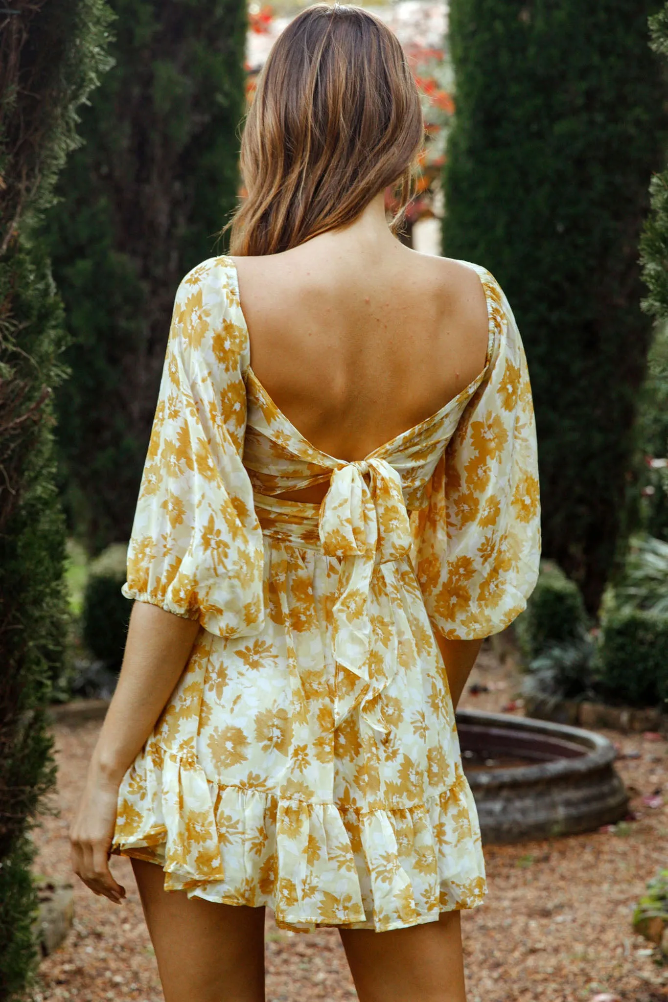 Abby Off-Shoulder Tie-Up Back Dress Floral Print Yellow