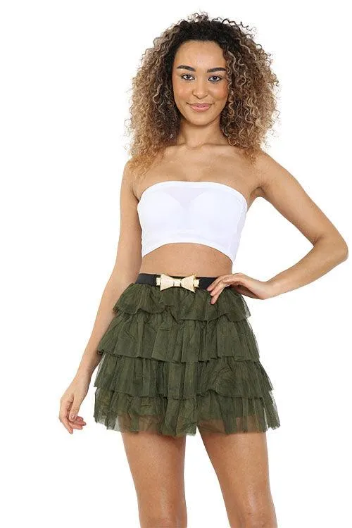 Adults 2 Layers Khaki Green Bow Belt Mesh Tiered Tutu Skirt Ladies Dancewear Fancy Dress