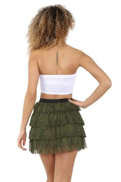 Adults 2 Layers Khaki Green Bow Belt Mesh Tiered Tutu Skirt Ladies Dancewear Fancy Dress