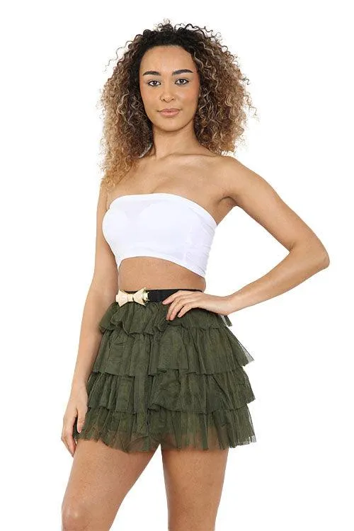 Adults 2 Layers Khaki Green Bow Belt Mesh Tiered Tutu Skirt Ladies Dancewear Fancy Dress