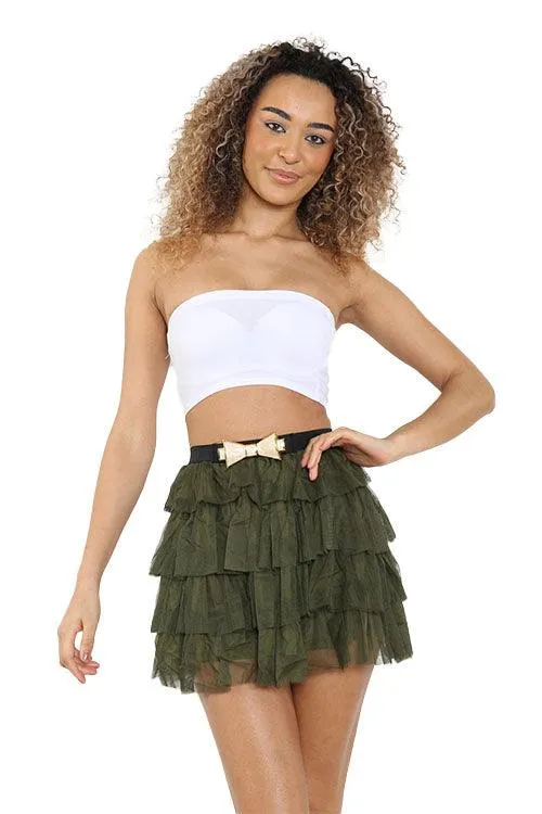 Adults 2 Layers Khaki Green Bow Belt Mesh Tiered Tutu Skirt Ladies Dancewear Fancy Dress