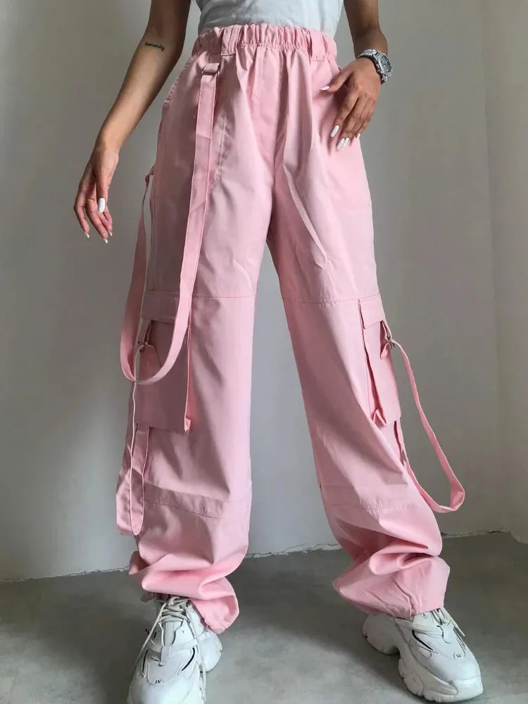 Advbridge -  High Waist Cargo Pants Women Pocket Loose Pink Fashion Baggy Sweatwear Female Autumn Winter Casual Sweatpants Woman