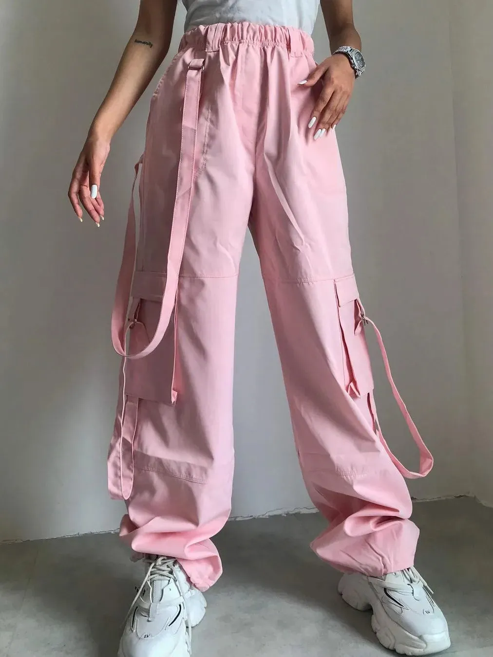 Advbridge -  High Waist Cargo Pants Women Pocket Loose Pink Fashion Baggy Sweatwear Female Autumn Winter Casual Sweatpants Woman