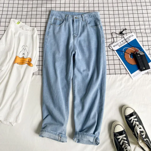 Aidase  Men's Casual Oversize Jeans Autumn Solid Color Straight Denim Pants Korean Woman Loose Ankle-Length Streetwear Jeans