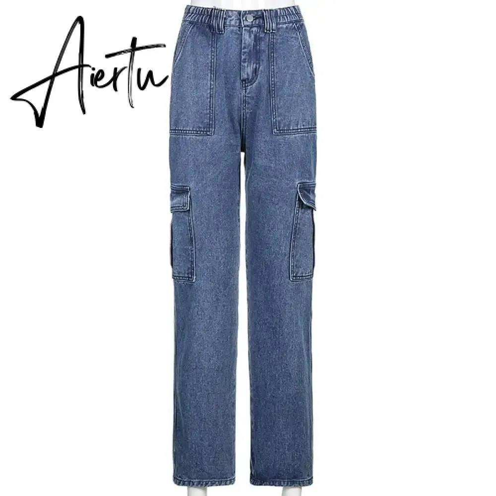 Aiertu  Weekeep Pockets Patchwork Baggy Jeans Fashion Streetwear 100% Cotton Women Denim Trouser Loose Cargo Pants Korean Jeans Harajuku