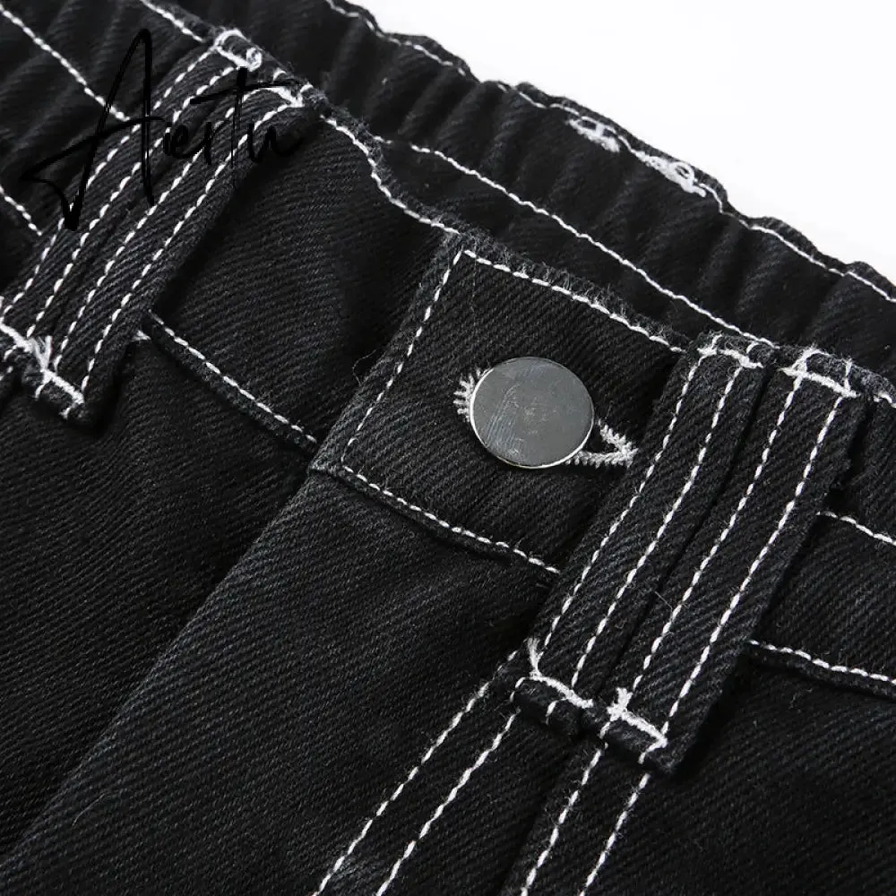 Aiertu  Weekeep Pockets Patchwork Baggy Jeans Fashion Streetwear 100% Cotton Women Denim Trouser Loose Cargo Pants Korean Jeans Harajuku