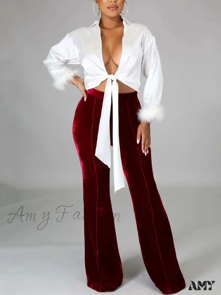 Amy Fashion - Velvet Velour Flared Bell Bottoms High Waist Pants