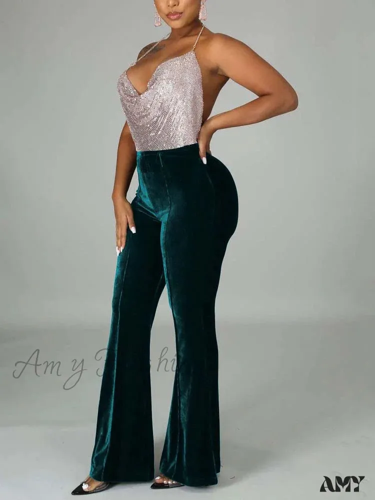 Amy Fashion - Velvet Velour Flared Bell Bottoms High Waist Pants