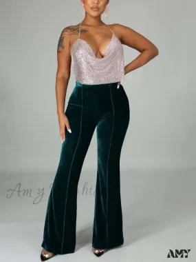 Amy Fashion - Velvet Velour Flared Bell Bottoms High Waist Pants