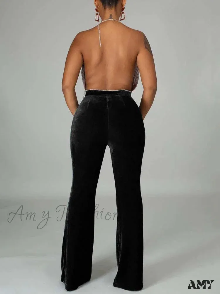 Amy Fashion - Velvet Velour Flared Bell Bottoms High Waist Pants