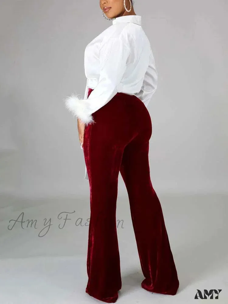 Amy Fashion - Velvet Velour Flared Bell Bottoms High Waist Pants