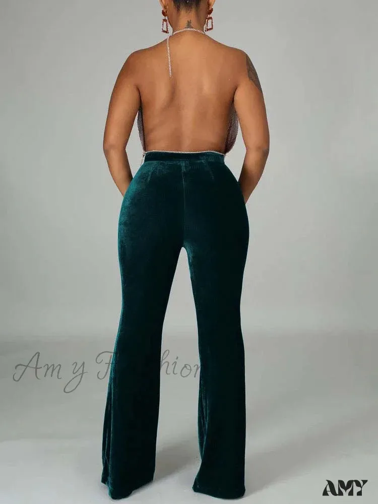 Amy Fashion - Velvet Velour Flared Bell Bottoms High Waist Pants