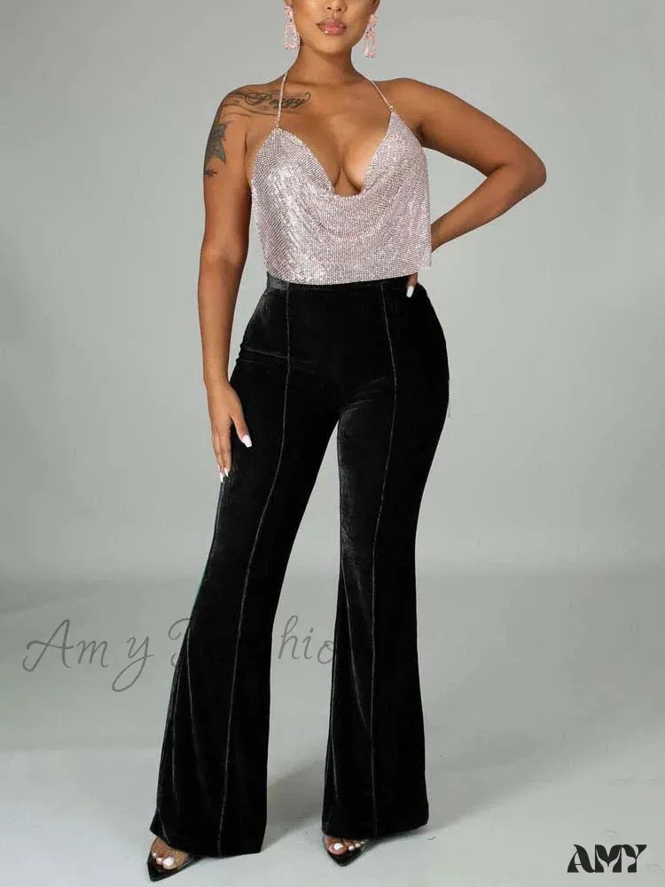 Amy Fashion - Velvet Velour Flared Bell Bottoms High Waist Pants