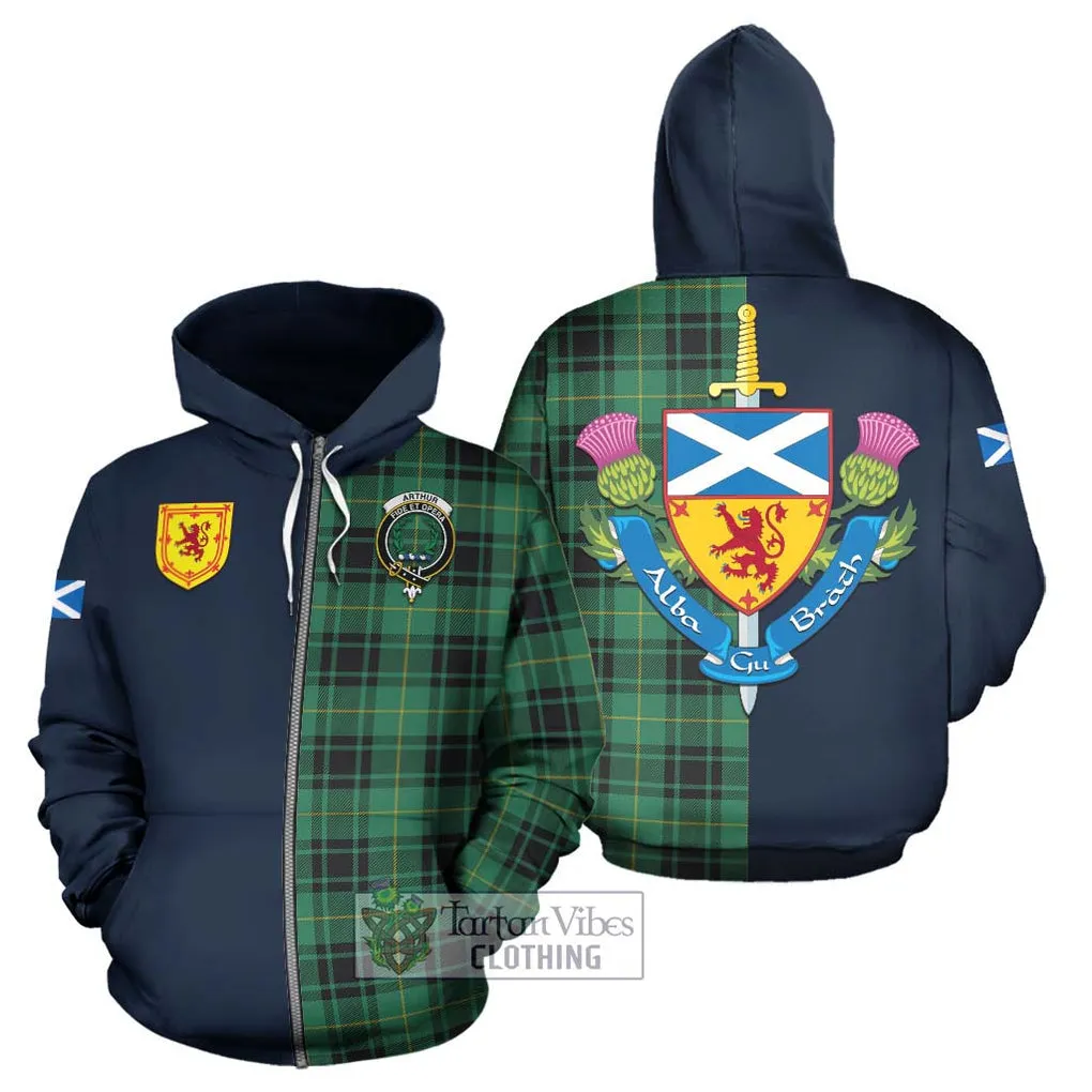 Arthur Ancient Tartan Hoodie Alba with Scottish Lion Royal Arm Half Style