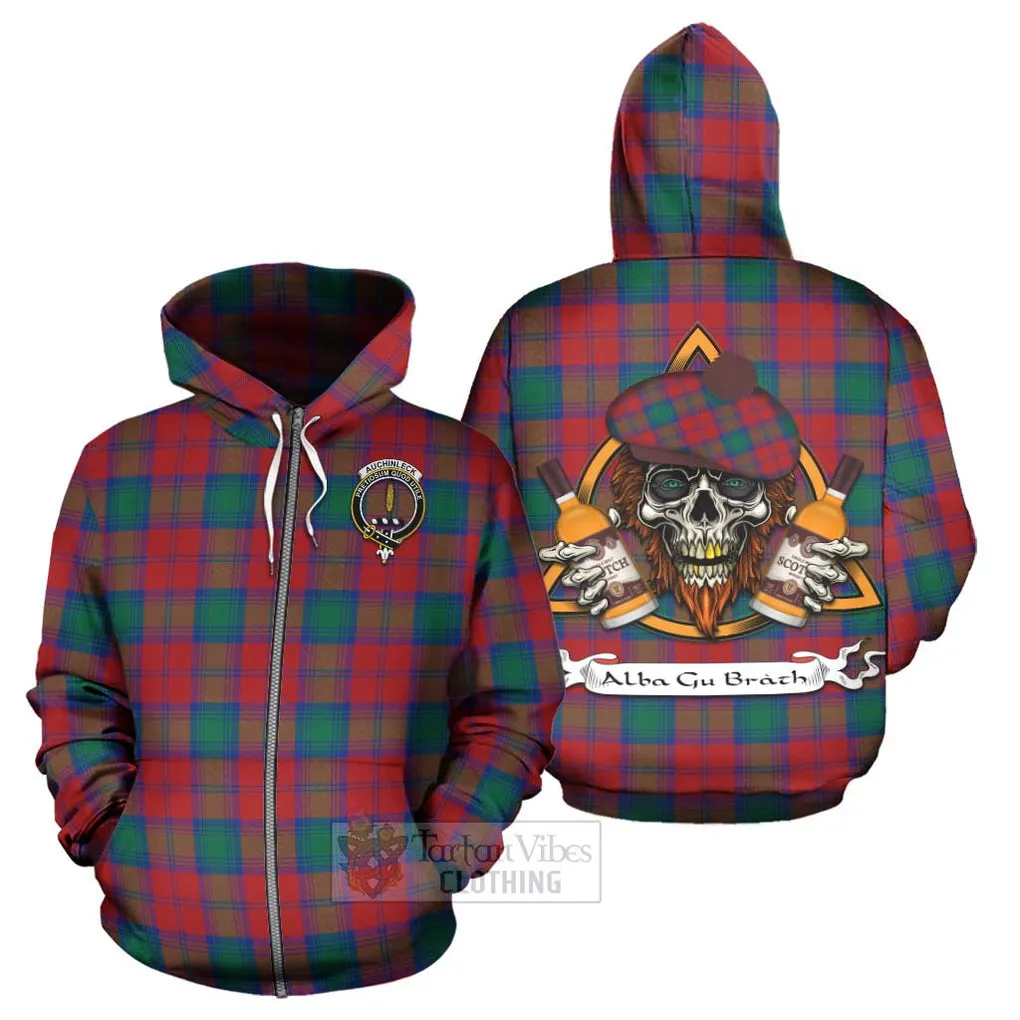 Auchinleck (Affleck) Tartan Hoodie with Family Crest and Bearded Skull Holding Bottles of Whiskey