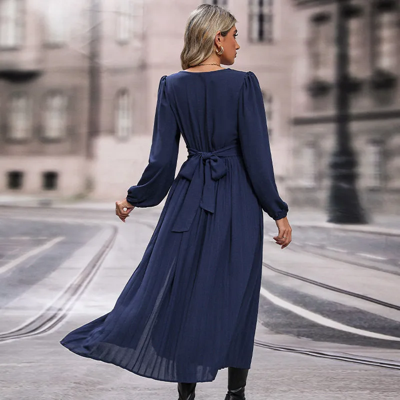 Autumn New Long Sleeve Solid Color Midi Dress