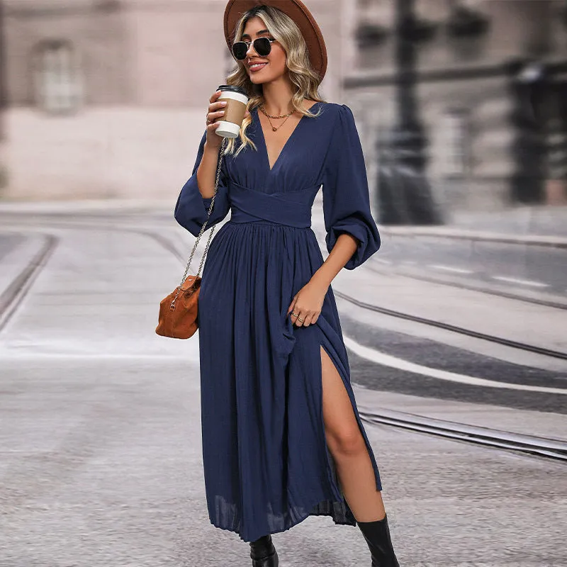 Autumn New Long Sleeve Solid Color Midi Dress