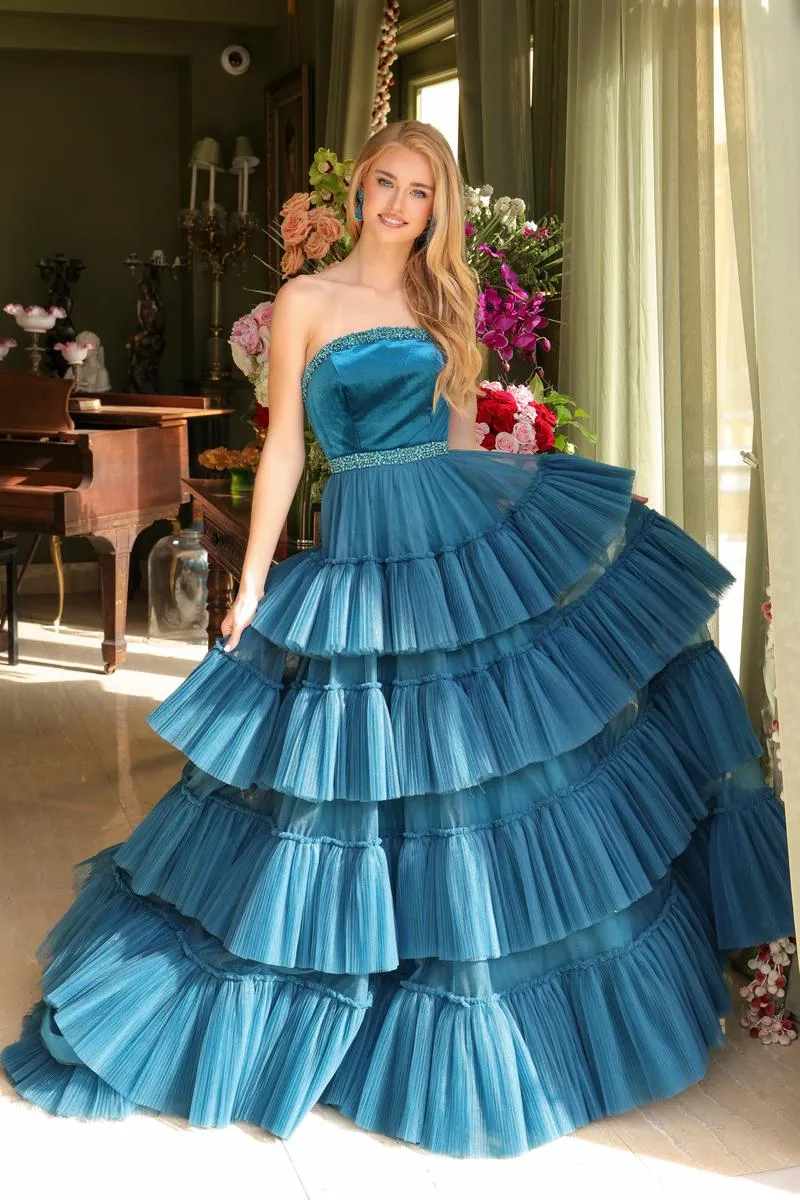 Ava Presley Strapless Tiered Tulle Prom Dress 29529