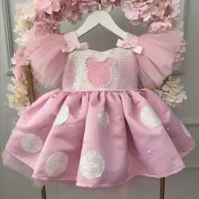 Baby Birthday Dress Girls Bow Pearl Sweet Puff Dress