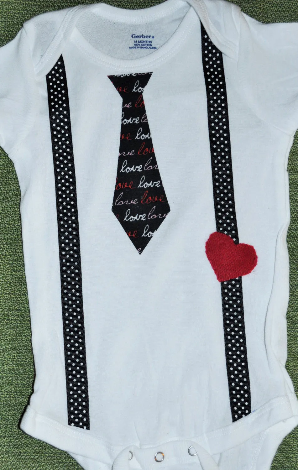 Baby Boy/ Toddler Valentines black tie and black with white polka dot suspenders with a red heart  Baby Bodysuit, creeper, romper