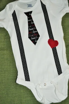 Baby Boy/ Toddler Valentines black tie and black with white polka dot suspenders with a red heart  Baby Bodysuit, creeper, romper