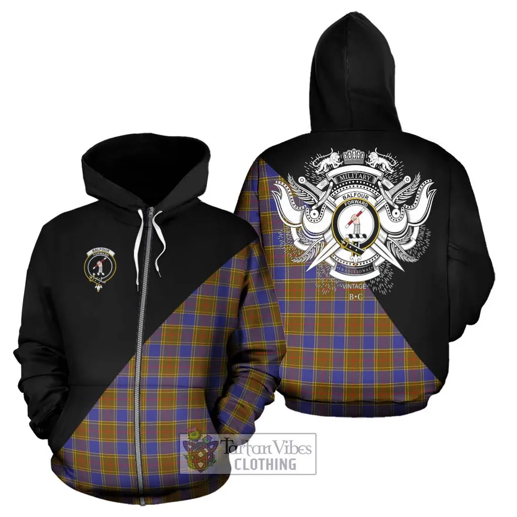 Balfour Tartan Hoodie with Family Crest and Military Logo Style