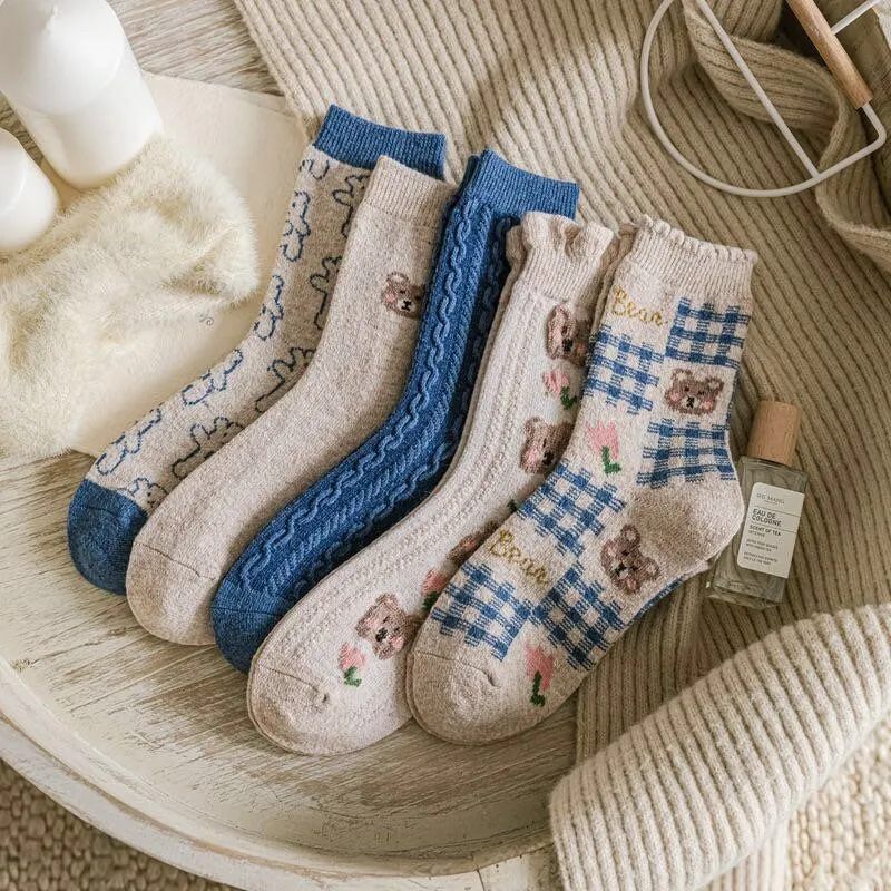 Bear wool socks  gift Women Winter Socks gift flowers floral Korean Japanese blue