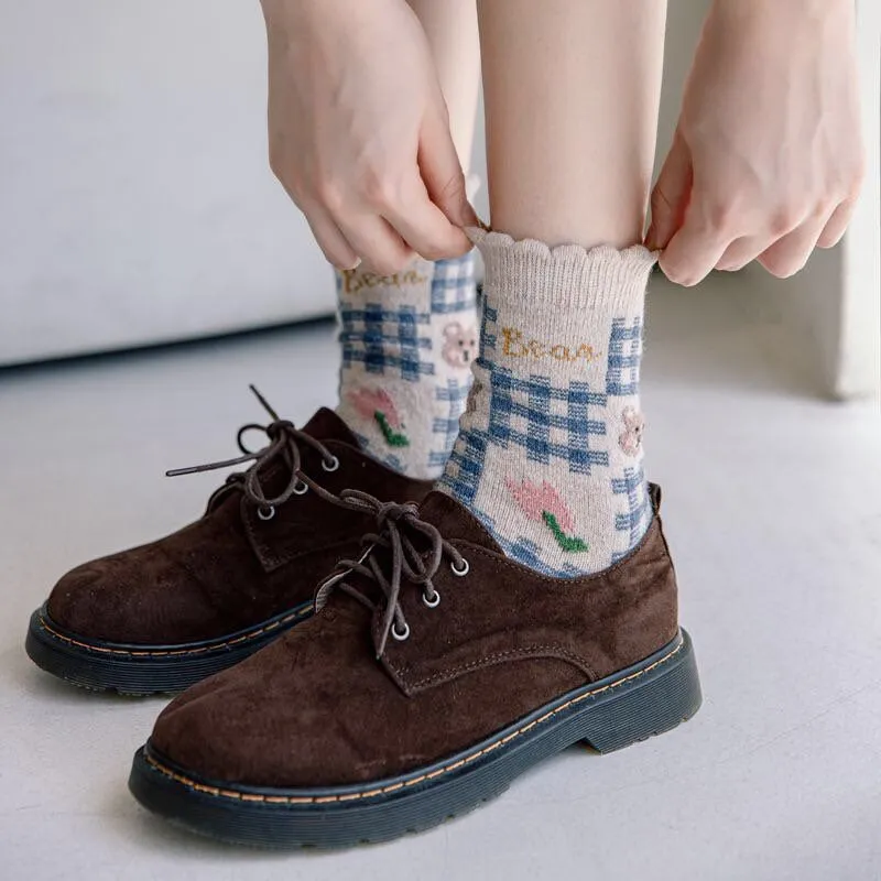 Bear wool socks  gift Women Winter Socks gift flowers floral Korean Japanese blue