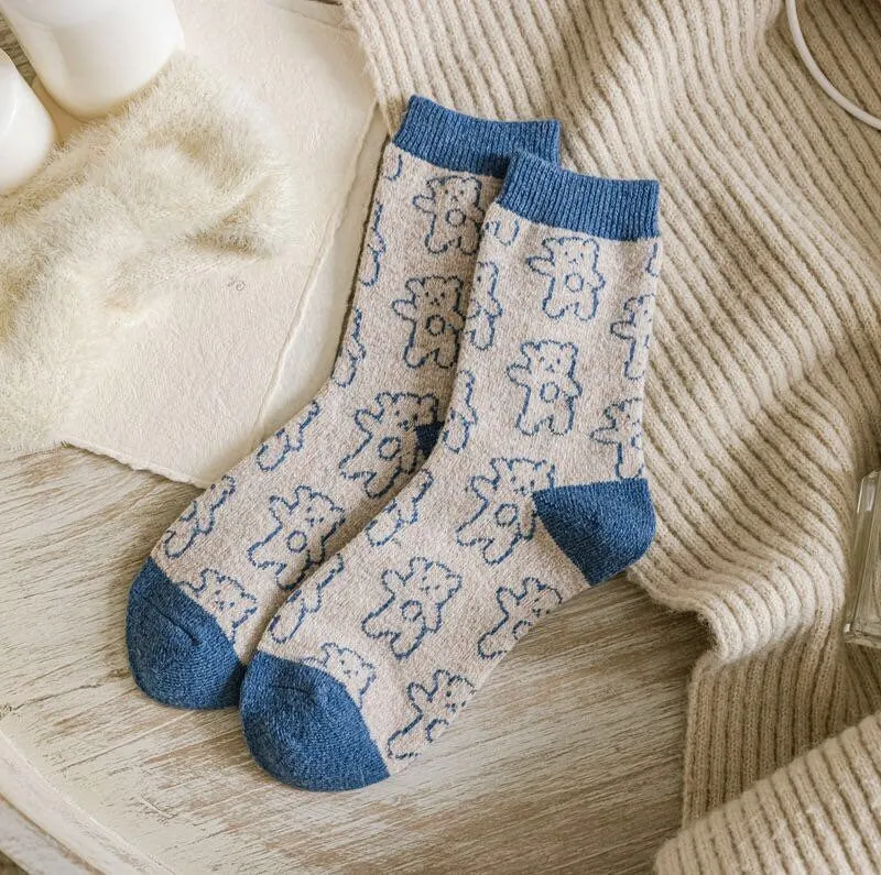 Bear wool socks  gift Women Winter Socks gift flowers floral Korean Japanese blue