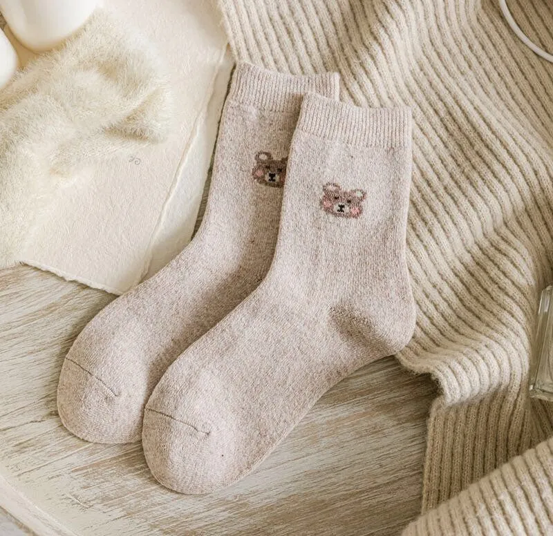 Bear wool socks  gift Women Winter Socks gift flowers floral Korean Japanese blue