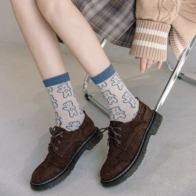 Bear wool socks  gift Women Winter Socks gift flowers floral Korean Japanese blue