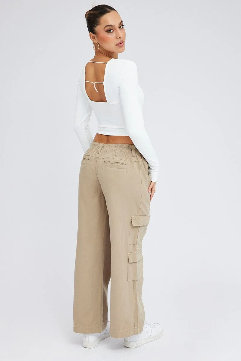 Beige Cargo Pants Mid Rise