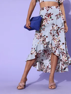 Berrylush Women Blue Floral Printed Asymmetric Ruffled Wrap Midi Skirt