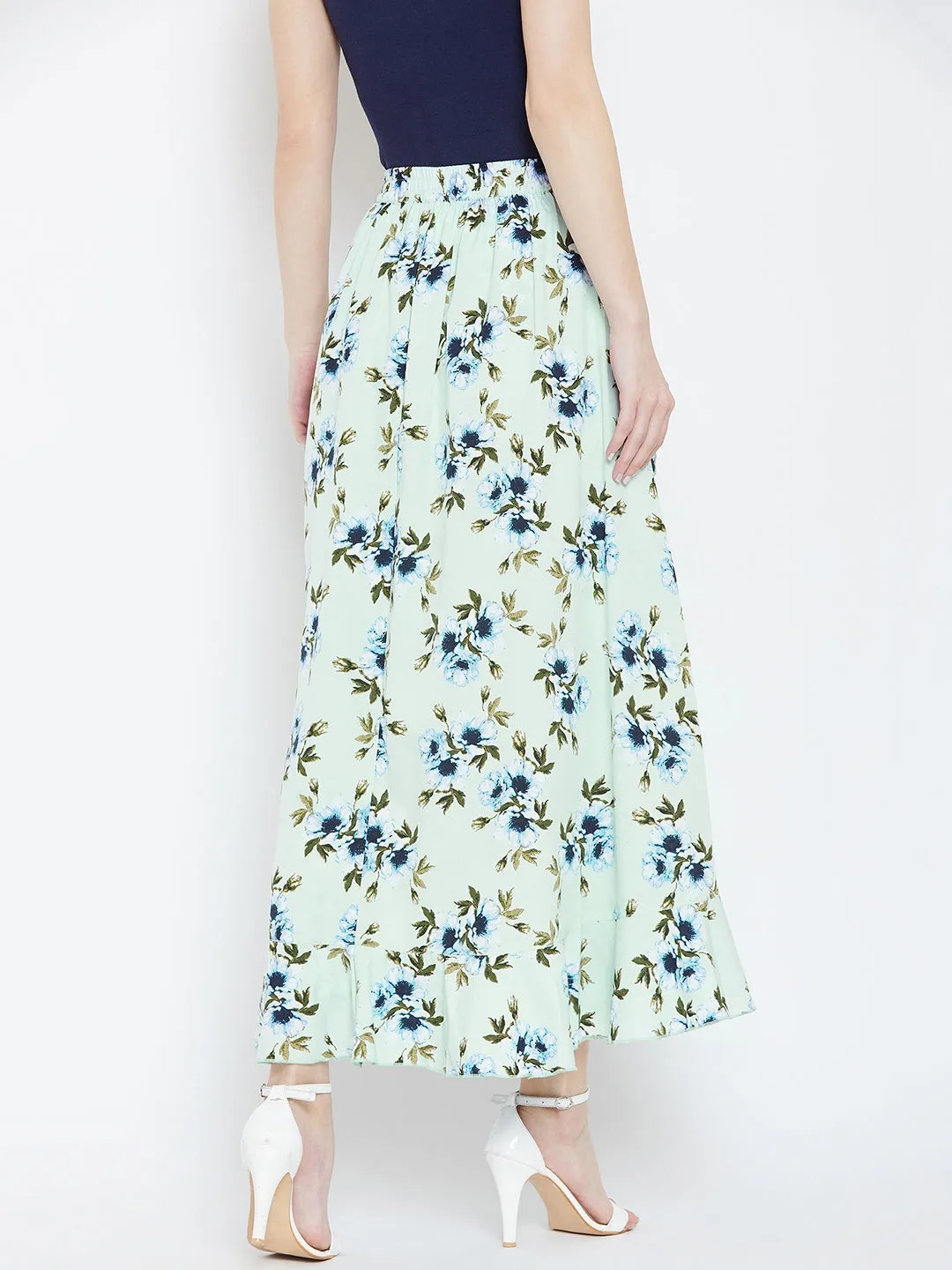 Berrylush Women Green & Blue Floral Printed Waist Tie-Up Flared Maxi Skirt