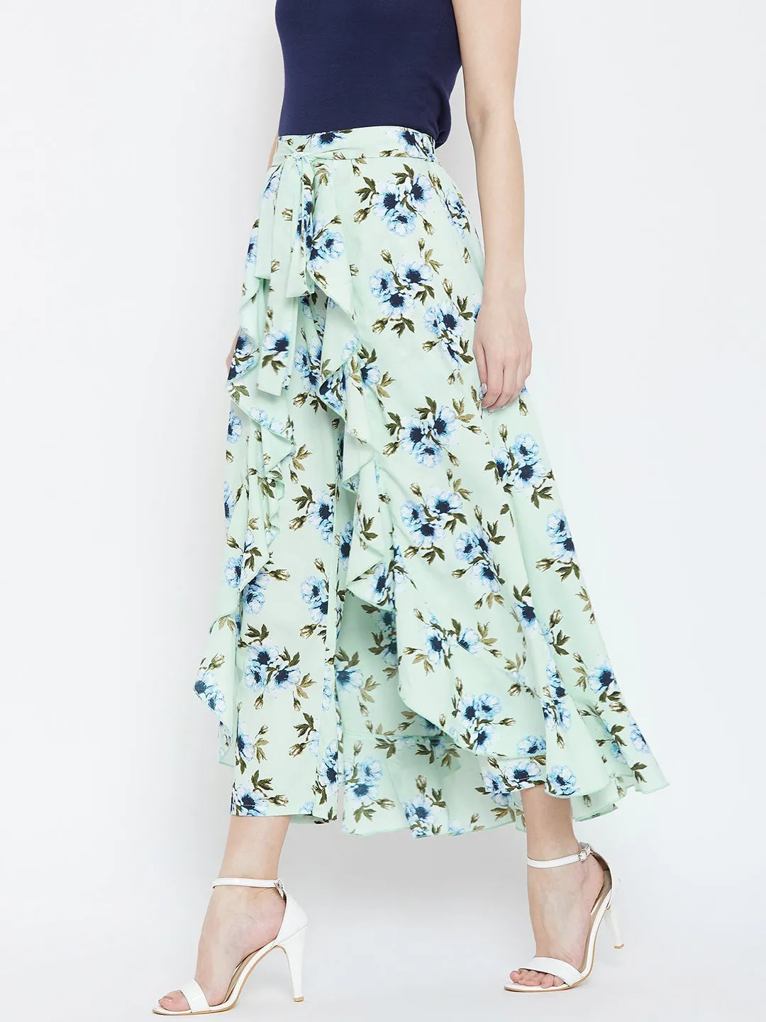 Berrylush Women Green & Blue Floral Printed Waist Tie-Up Flared Maxi Skirt