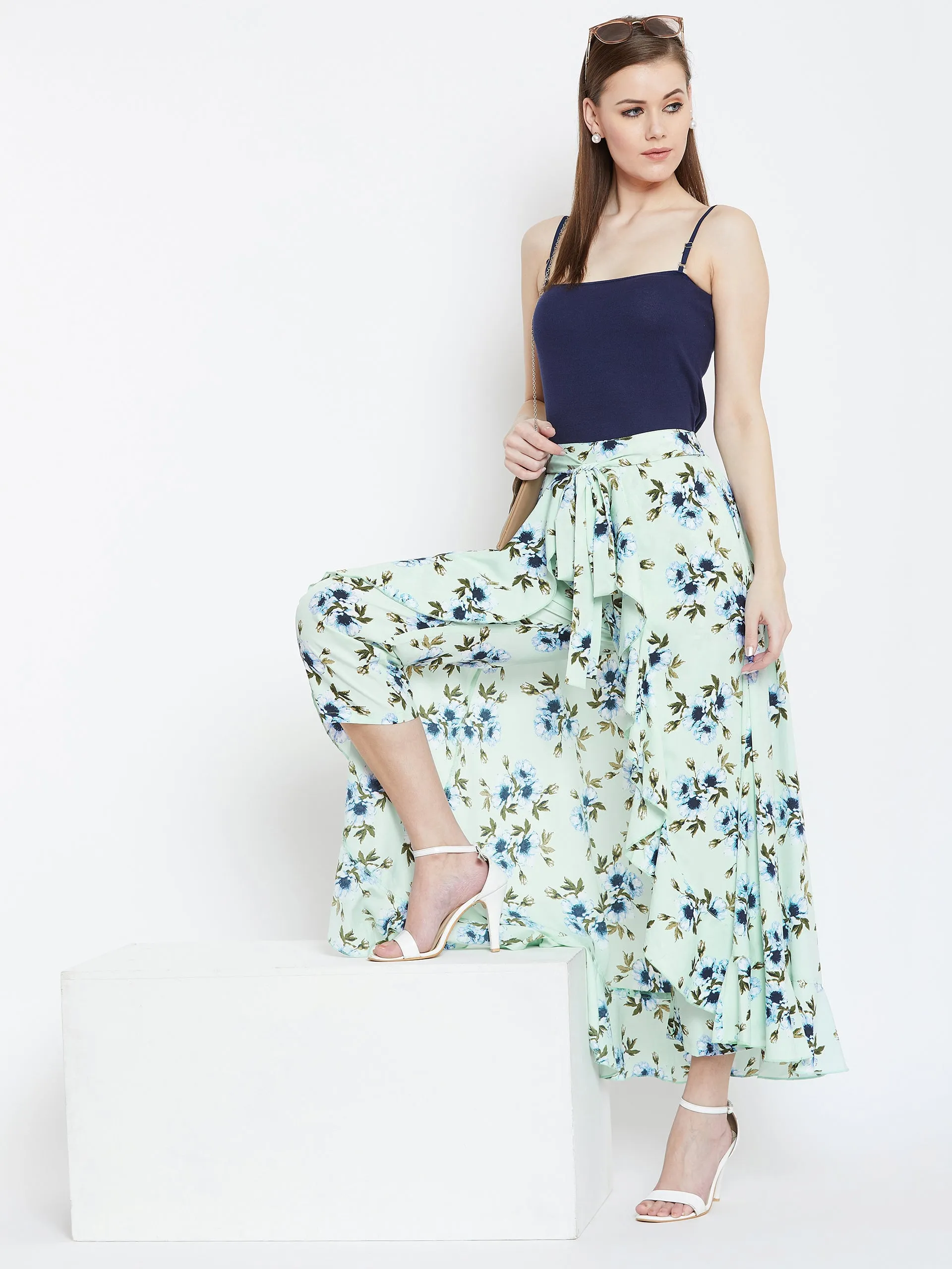 Berrylush Women Green & Blue Floral Printed Waist Tie-Up Flared Maxi Skirt