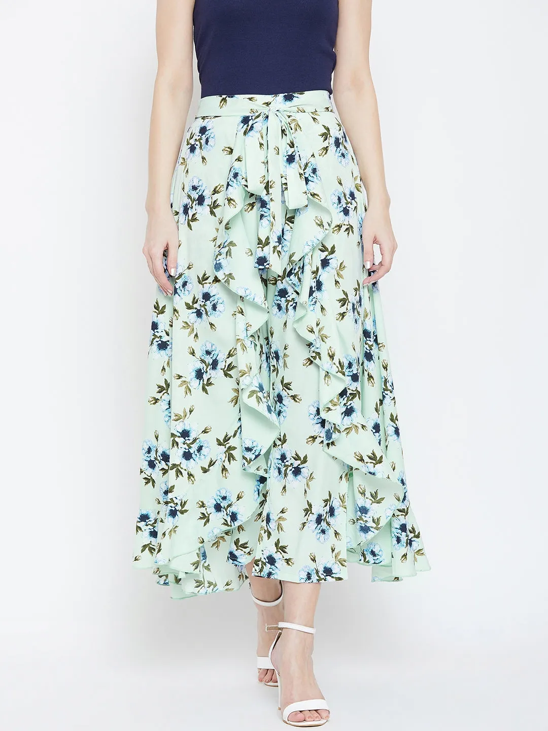 Berrylush Women Green & Blue Floral Printed Waist Tie-Up Flared Maxi Skirt