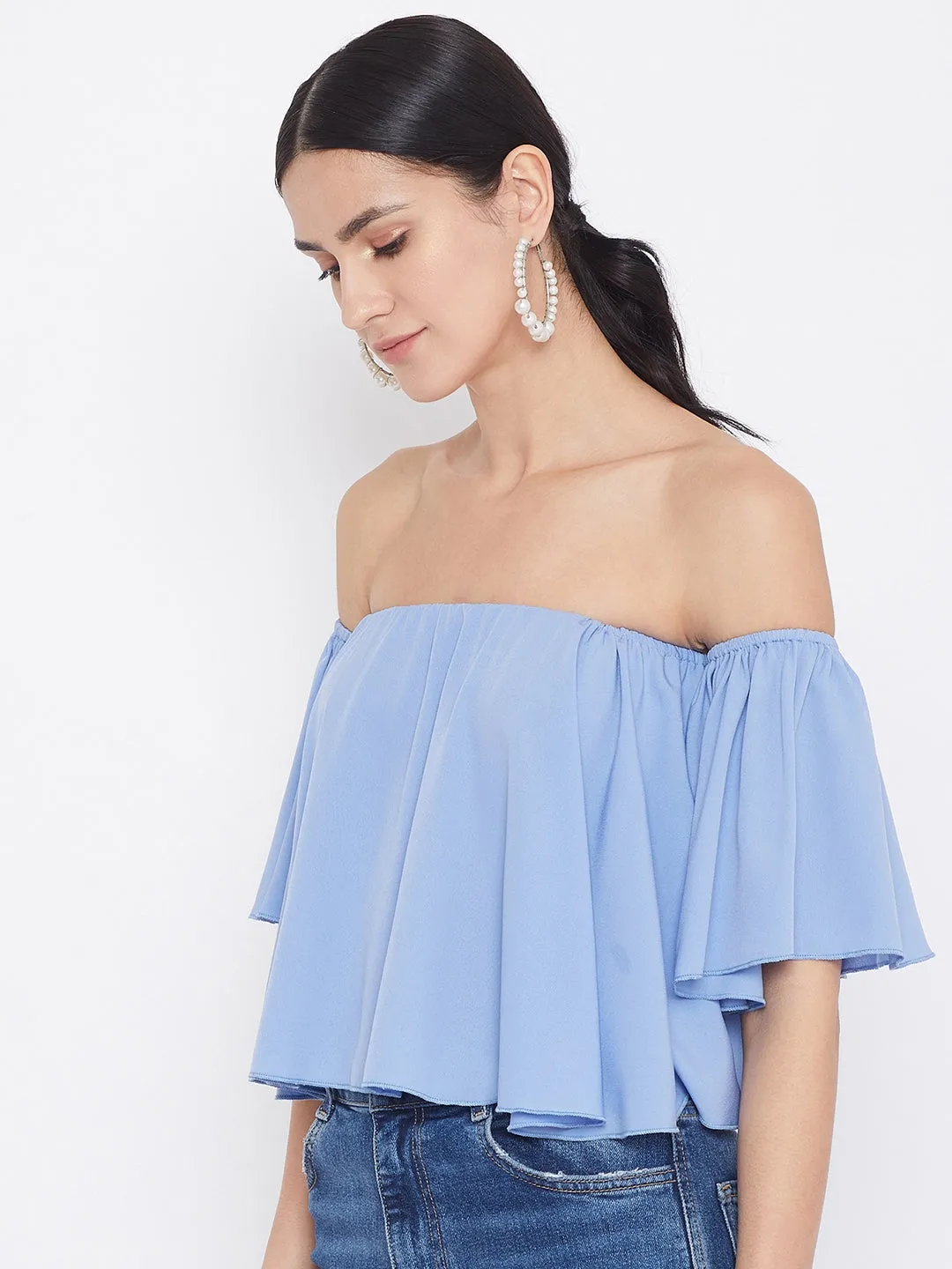 Berrylush Women Solid Blue Off Shoulder Bardot Top