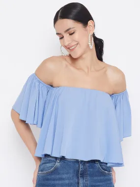 Berrylush Women Solid Blue Off Shoulder Bardot Top