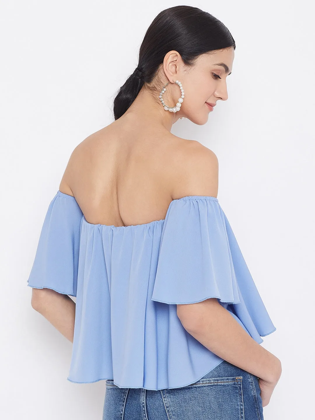 Berrylush Women Solid Blue Off Shoulder Bardot Top