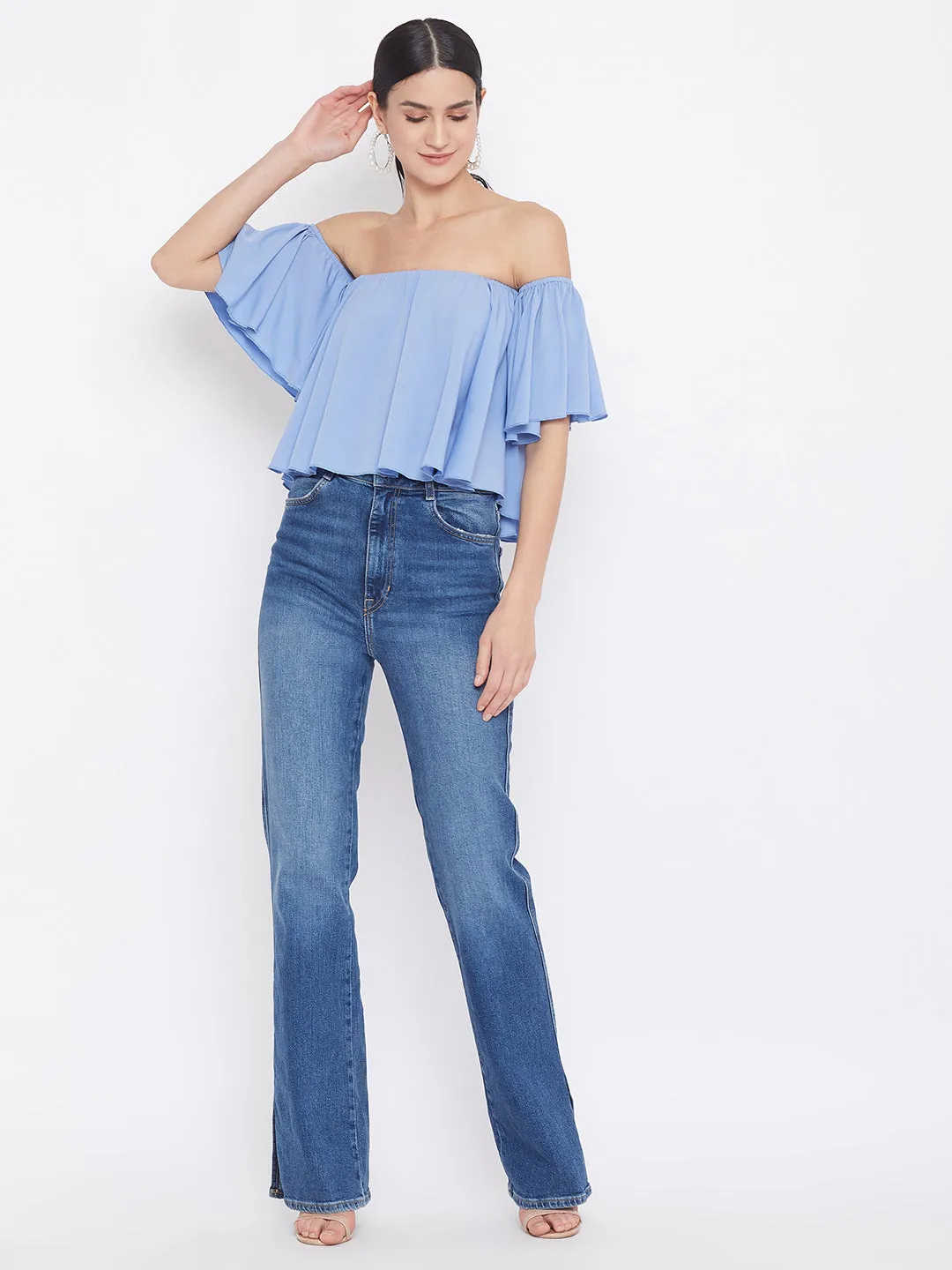 Berrylush Women Solid Blue Off Shoulder Bardot Top