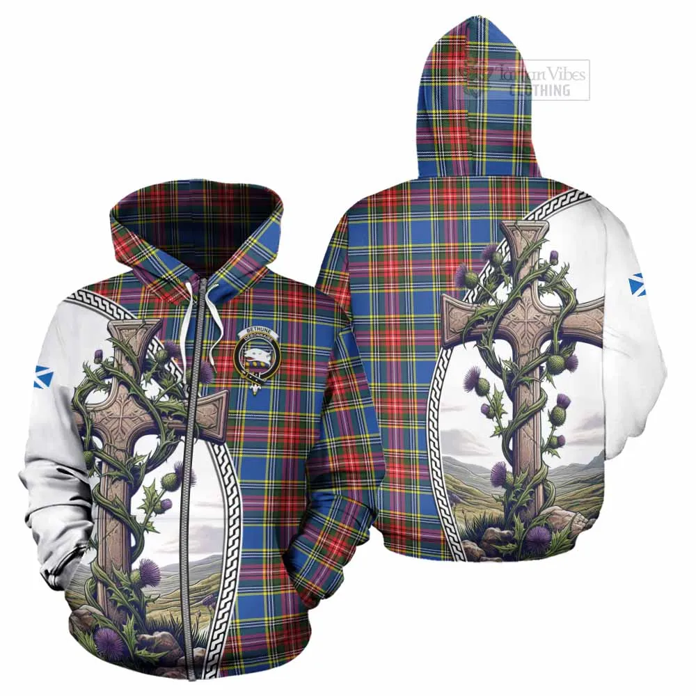 Bethune Tartan Hoodie with Family Crest and St. Andrew's Cross Accented by Thistle Vines